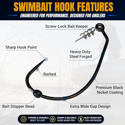 EWG Swimbait Hooks with Screw Lock, 20Pcs Bass Hooks 1/0-6/0 | Wide Gap Weedless Hooks for Bass Fishing, Bait Stopper Beads for DIY Riggings, Sharp Soft Plastic Worm Hooks - size: 1/0-20Pcs