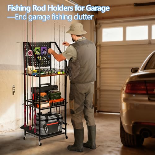 Fishing Rod Holder for Garage Organization, Fishing Rod Rack, Fishing Gear Storage up to 12 Rods with Pegboard & Hooks, Heavy Duty Fishing Cart with Wheels for Fishing Storage,Tackle Box