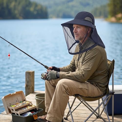 Mosquito Fishing Safari Mesh Net Hat with Neck Flap, Sun Protection Women Men Bug Cap, Hidden Netting Boonie - color: Navy