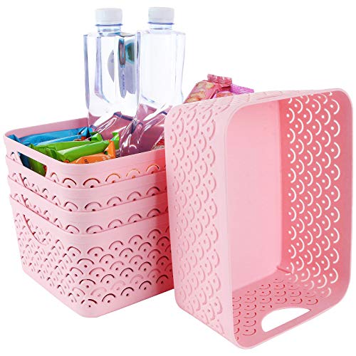 STARVAST 5 Pack Plastic Storage Baskets, Portable Pink Fish Scale Pattern Hollow Desktop Storage Bin Box with Handle for Kitchen, Bathroom, Kids Room or Nursery Storage – 9.4 x 7.1 x 4.1 inches - color: Pink