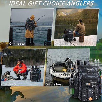 Fishing Backpack with Cooler & 4 Rod Holder, Large 45L Tackle Bag Store Fishing Gear Boxes Gifts for Men Woman-Camo Back Pack