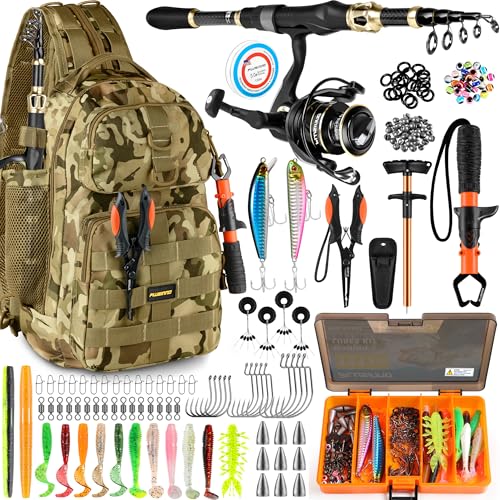 PLUSINNO Fishing Backpack with Fishing Rod and Reel Combos Tackle Boxes, Waterproof Tackle Backpack for Gear with Rod Holder, Fish Gifts for Men with Tool Kit - color: Khaki Fishing Backpack With Fishing Rod