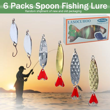 LASOCUHOO Fishing Lures Kit, Spoon Lures, Soft Plastic Worms, Frog Lures, Bait Tackle Kit for Bass, Trout, Salmon for Freshwater and Saltwater
