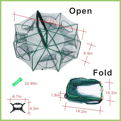 Foldable Fish Trap Net with 8 Holes, Collapsible Fishing Bait Trap for Minnow, Crab, Shrimp, Crawfish, 2 Pack