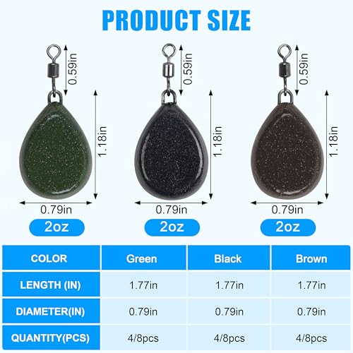 Carp Fishing Weights Sinkers, 4/8pcs Coated Tapered Flat Pear Fishing Sinkers with Swivels for Carp/Coarse Fishing Tackle 3 Colors - style: Green-4pcs