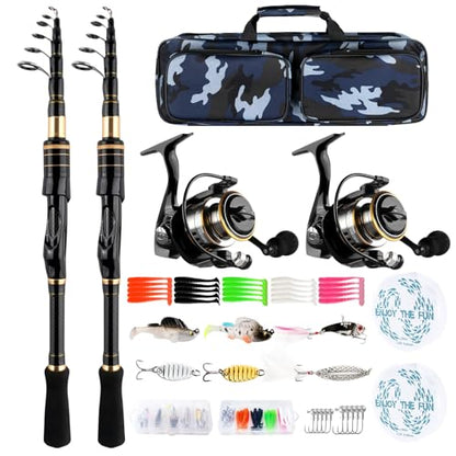 Carbon Fiber Telescopic Fishing Rod Reel Combo with Compact Carrier Bag | Portable Collapsible Spinning Pole Reel Kit Fishing Gear Set Travel Fishing Rod Kit Fishermen Gift for Freshwater Saltwater