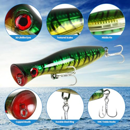 Large Top Water Popper Lure: 2pcs 3D Eyes Tuna Popper Saltwater Fishing Lures for Surf Fishing Gt Tuna Kingfish Large Predator Fish - color: Multi color