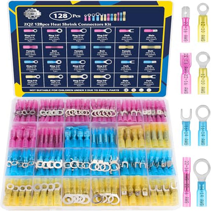 ZQZ Marine Grade Heat Shrink Wire Connectors Kit,128PCS Automotive Crimp Terminals Assortment with Rings Forks Female Male Butt Splices, Waterproof Wiring Connectors Kit - size: Heat Shrink 128PCS