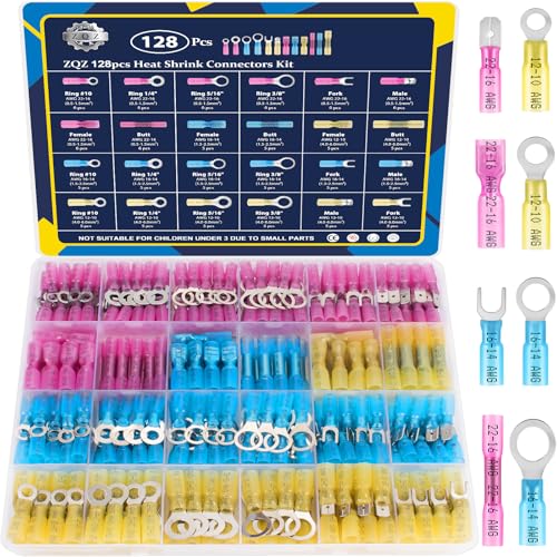 ZQZ Marine Grade Heat Shrink Wire Connectors Kit,128PCS Automotive Crimp Terminals Assortment with Rings Forks Female Male Butt Splices, Waterproof Wiring Connectors Kit - size: Heat Shrink 128PCS