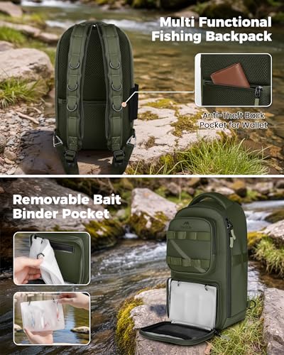 MATEIN Fishing Sling Bag with Phone Pouch, 3600 Tackle Box Backpack | Tackle Bag with Removable Bait Binder, Fishing Bag with Lure Rod Holder, Cooler Compartment, Waterproof, Women Fishing Gifts - color: Olive Green