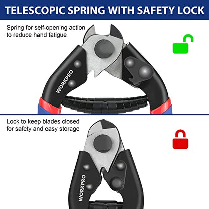 WORKPRO Cable Cutter, 7-1/2 Inch Heavy Duty Wire Rope Cutter | CR-V Steel Wire Cable with Safety Lock, Non-Slip Handle For Hard Wire Ropes, Steel Wires And Aircraft Cables