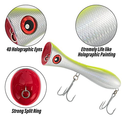 Dr.Fish Popper Saltwater Fishing Lures, 8 Inches GT Popper VMC Treble Hooks Surf Fishing Lures for Striper Tuna Barracuda Mackerel Snapper Bluefish Pencil Plugs Offshore - color: Chrome Chartreuse(8")-1 Pack