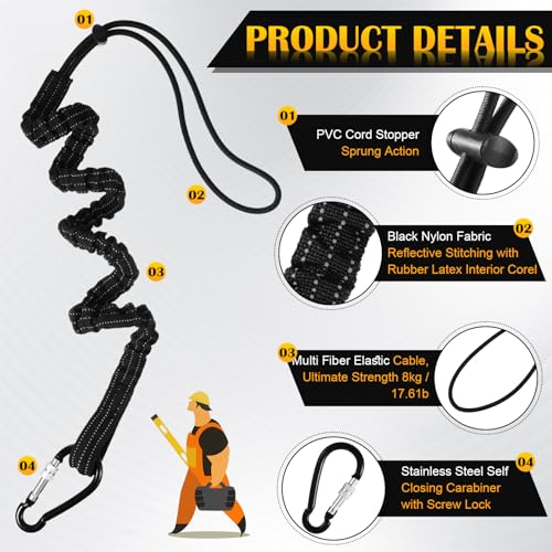 LEIFIDE 32pcs Tool Lanyard Standard Length Safety Tool Leash 17.6lb 8kg Tough Adjustable Fall Protection Tether with Aluminum Screw Lock Buckle, Shock Cord Stopper and Retractable Loop End, Black