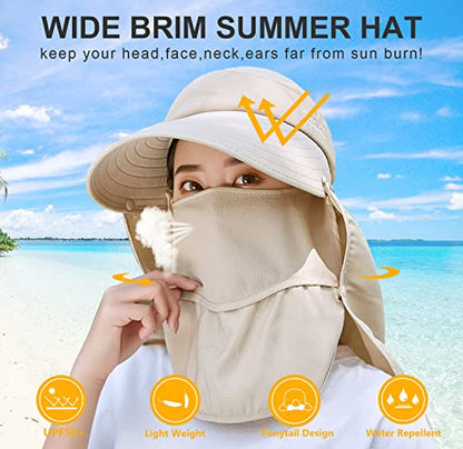 Women Wide Brim Face Mask Sun Hat Detachable Neck Face Flap Ponytail UV Protection Visor Hat Garden Fishing Hiking - color: A1-shun005-mise