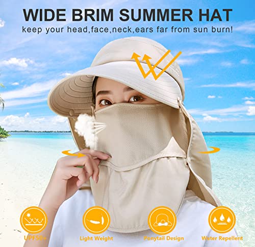 Women Wide Brim Face Mask Sun Hat Detachable Neck Face Flap Ponytail UV Protection Visor Hat Garden Fishing Hiking - color: A1-shun005-mise