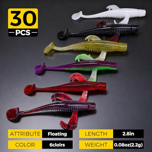 Paddle Tail Swim Baits, 30Pcs TPE Fishing Lures, Unique Vibrating Swim Action, Shaky Sinking Motion, Crappie Lures, for Saltwater/Freshwater - color: Pumpkin Green