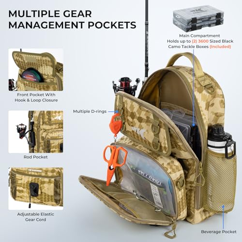 KastKing BaitSpace Fishing Sling Bag, Fishing Backpack with Rod & Beverage Holder, Tackle Bag for Fishing Gear - color: G: Khaki Camo - with (2) 3600 tackle boxes, size: Large