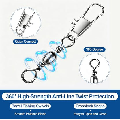 200PCS Ball Bearing Barrel Snap Swivels, Heavy Duty Fishing Swivels with Safety Snap, Anti-Tangle Fishing Tackle Connectors for Freshwater Saltwater Lures Hooks