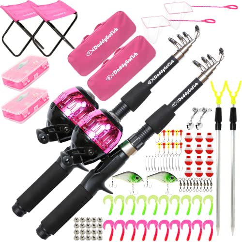 DaddyGoFish Kids Fishing Pole - Rod Reel Combo Tackle Box Starter Set - First Year Small Dock Gear Kit for Boys Girls Toddler Youth Age Beginner Little Children Junior Anglers Older Kids - color: 2 Pack- Pink + Pink