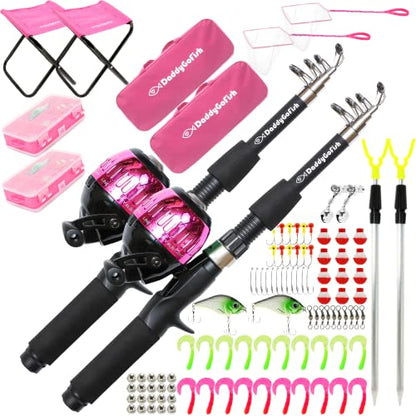 DaddyGoFish Kids Fishing Pole - Rod Reel Combo Tackle Box Starter Set - First Year Small Dock Gear Kit for Boys Girls Toddler Youth Age Beginner Little Children Junior Anglers Older Kids - color: 2 Pack- Pink + Pink