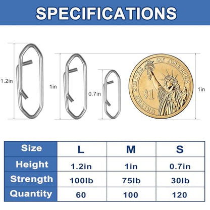 280Pcs Fishing Power Clips, Fishing Speed Clips for Fishing Lure Quick Change, High Strength Stainless Steel Clips Snap Freshwater Saltwater Crankbait Popper Lure Connector Tackle (S:120, M:100, L:60)