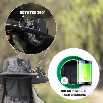 Solar Powered Fan Hat with 2 Fans, Wide Brim Sun Hat for Men Women, Adjustable Cooling Fishing Hat for Outdoor - color: Camo - Green
