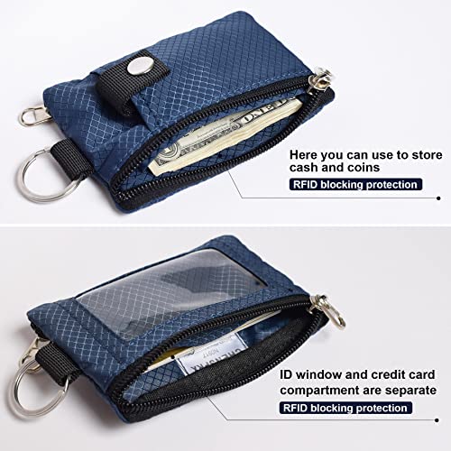CHENSPRX Minimalist RFID Blocking Small Wallet with ID Window,WaterResistant Zip Id Case Wallet with Lanyard Keychain for Cards,Cash,Travel,Women,Men - color: Navy