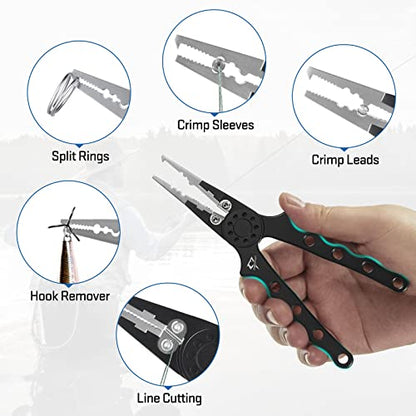 Piscifun Saltwater Fishing Pliers, Aluminum, Split Ring, Braid Cutter | Hook remover, tungsten carbide blade, spring-loaded jaws, ergonomic grip, sheath and lanyard - color: Black, style: Nylon Sheath