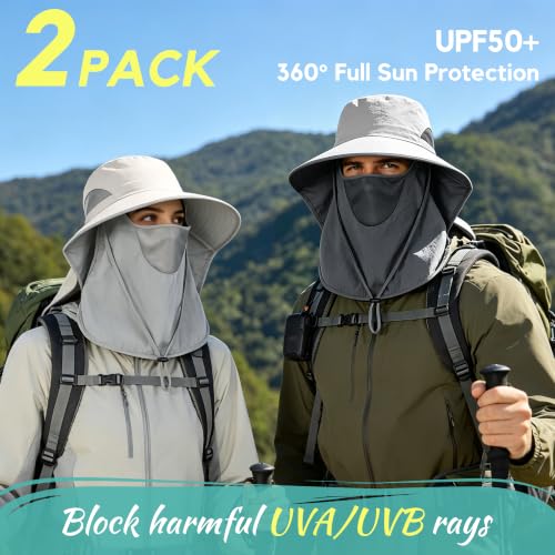 2 Pack Women Men Outdoor Wide Brim Sun Hat with Neck Face Flap,UPF 50+ Protection Fishing Garden Work Hat with Ponytail Hole - color: Light Grey ＆ Beige