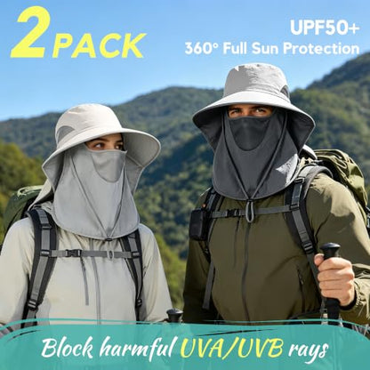 2 Pack Women Men Outdoor Wide Brim Sun Hat with Neck Face Flap,UPF 50+ Protection Fishing Garden Work Hat with Ponytail Hole - color: Light Grey ＆ Beige