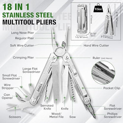 SHALL Multi Tool, 18-in-1 Multitool Pliers, Stainless Steel Multi-tool Pocket Knife w/Screwdriver Bit & Universal Socket, Self-locking Multipurpose Tool w/Sheath for Camping Fishing Survival Hunting - size: Multitool with Universal Socket