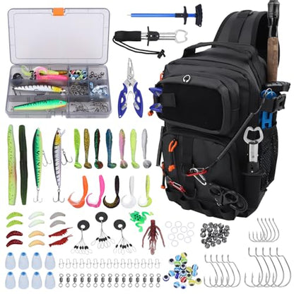 Fishing Backpack with Tackle Boxes,Waterproof Fishing Shoulder Bag for Fishing Gear,Fish Bag with 136 Pcs Fishing Lures Kit,Fish Hook Remover Tool,Fish Lip Gripper,Fishing Plier,Gifts for Men (Black) - color: Black