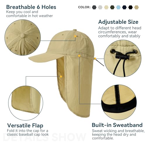 Zando Sun Hats with Neck Flap for Men UPF 50+ Waterproof Baseball Cap Adjustable Breathable Outdoor Hiking Fishing Hat - color: Beige