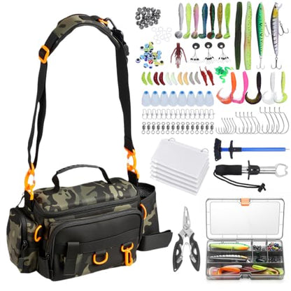 Fishing Tackle Bags with Tackle Box,Waterproof,Padded Shoulder Strap,Gear Storage,Fish Bag with 136 Pcs Fishing Lures Kit,Fish Hook Remover Tool,Fish Lip Gripper,Fishing Plier,Gifts for Men (Green) - color: Green