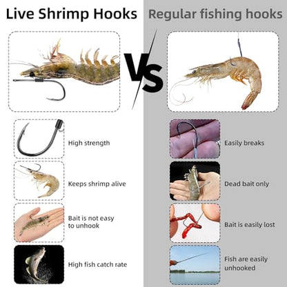 FishTrip Baitholder Fishing Hooks, 10/15pcs Live Shrimp Fixed Hooks Carbon Steel Long Shank Barbed Hooks for Redfish, Bream, Trout, bass 2/0 3/0 4/0