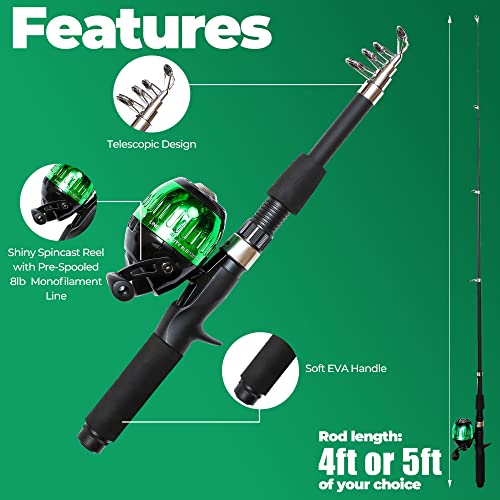 DaddyGoFish Kids Fishing Pole - Rod Reel Combo Tackle Box Starter Set - First Year Small Dock Gear Kit for Boys Girls Toddler Youth Age Beginner Little Children Junior Anglers Older Kids - color: Green