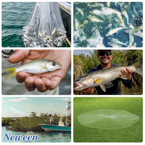 Neween Cast Net, American Saltwater Cast Nets for Fishing, 3ft-10ft Radius Casting Net for Bait Fish, 3/8 Inch Professional Grade Monofilament Throw Nets for Fishing Bait with Heavy Duty Sinker - size: 8 ft Radius, style: Monofilament Lines Cast Net