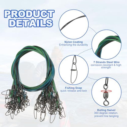 PATIKIL Fishing Wire Leader Line Steel Heavy Saltwater Fishing Leader Line High Strength with Rolling Swivel and Snap - color: Black/Blue/Green