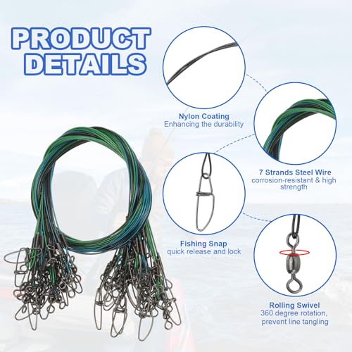 PATIKIL Fishing Wire Leader Line Steel Heavy Saltwater Fishing Leader Line High Strength with Rolling Swivel and Snap - color: Black/Blue/Green