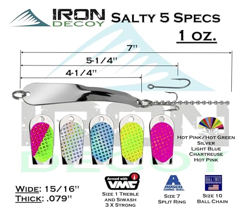 IRON DECOY Salty Fishing Lure Spoon, Saltwater, Casting, Trolling, Jigging, Seatrout, Striped Bass, Mackerel, Snook, Tarpon, Bluefish, Salmon - color: Silver, size: 1 OZ