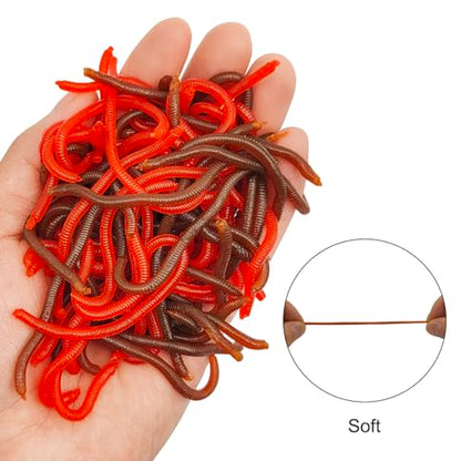 100 Pcs 3.3inch Soft Worms Fishing Lure Baits, Earthworm Baits Lifelike Fake Bloodworm,Fresh Water Fishing Bait - color: Red+Brown