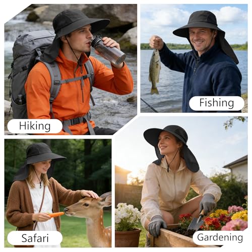 Sun Hat for Men Women with Neck Flap,UPF 50+ UV Protective Hiking Fishing Hats,Wide Brim Sun Hat for Women&Men - color: 1pack-black