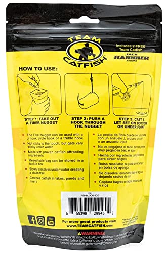 Team Catfish Fiber Nuggets (Baitfish Blood Flavor) Includes 6-Ounce resealable Bait Bag and 2 Jackhammer Hooks