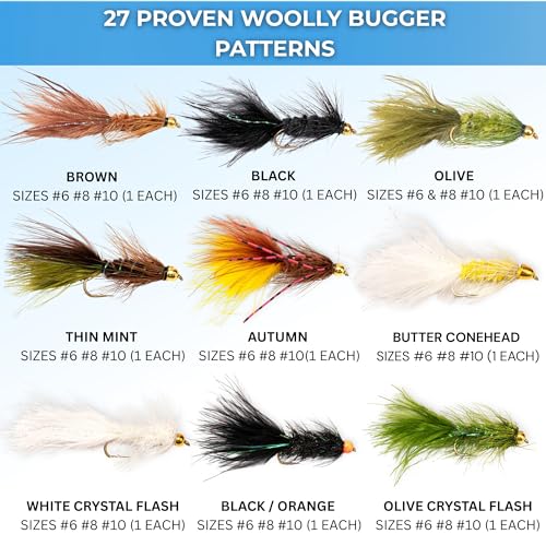 Woolly Bugger Fly Fishing Flies Assortment - Beadhead Streamer Wet Flies for Trout Bass Panfish - Hand-Tied Marabou Streamers for Rivers Lakes - size: 27 Pack – Mixed Sizes