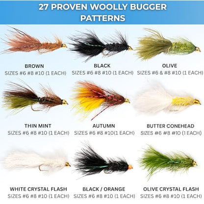 Woolly Bugger Fly Fishing Flies Assortment - Beadhead Streamer Wet Flies for Trout Bass Panfish - Hand-Tied Marabou Streamers for Rivers Lakes - size: 27 Pack – Mixed Sizes