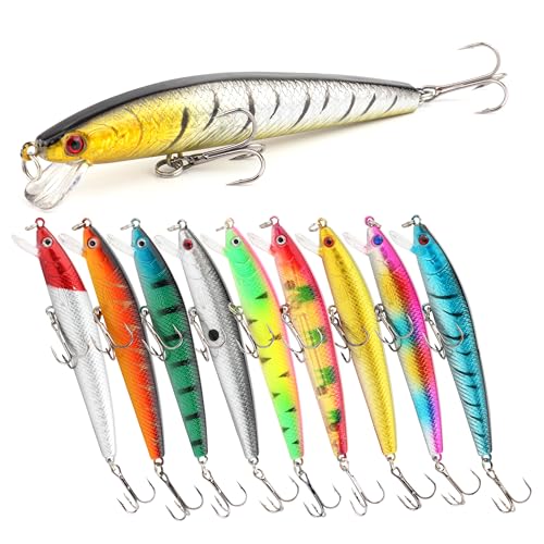 10Pcs Minnow Fishing Lures Set, Shallow Diver Jerkbait with Built-in Sonic Vibrations, Life-Like Bionic Swimbait with Sharp Treble Hooks for Bass, Trout, Walleye, Saltwater & Freshwater - size: 3 3/4inch, 1/4 oz