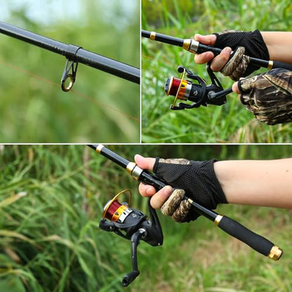 Yoilrey Fishing Rod and Reel Combo – 5.9ft Telescopic Fishing Pole Starter Kit with Spinning Reel, Fishing Line, Lure Box & Tackle Bag for Travel - color: Single Black and Gold+Fish Gripper