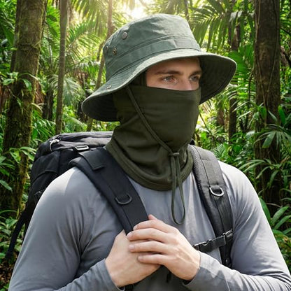 Pistha Sun Hats for Men with Balaclava Face Mask, UV Protection Bucket Hats for Mens Outdoor Fishing Safari Hiking - color: Army Green