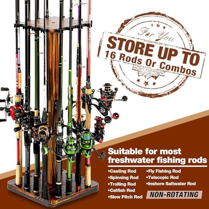 Ghosthorn Fishing Rod Holders for Garage 360 Degree Rotating Fishing Pole Rack, Floor Stand Holds up to 16 Rods Wood Fishing Gear Equipment Storage Organizer, Fishing Gifts for Men Women - style: nospin