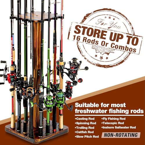Ghosthorn Fishing Rod Holders for Garage 360 Degree Rotating Fishing Pole Rack, Floor Stand Holds up to 16 Rods Wood Fishing Gear Equipment Storage Organizer, Fishing Gifts for Men Women - style: nospin